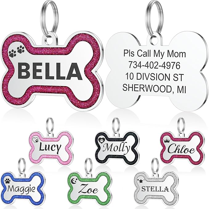 YEHANTI Dog Tags Personalized for Pets - Durable Stainless Steel Pet ID Tags with Lovely Icons, Glitter Bone Custom Dog Tags for Large Small Dogs Cats, Dog Name Tags Engraved On Both Sides（L,Rose Red）