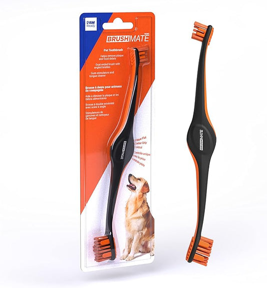 Brushmate Dog Toothbrush for Pet Puppies Dogs and Cats Dual Size Angled Soft Brush Heads, Ergonomic Handle with a Flat Center That enhances Grip Control