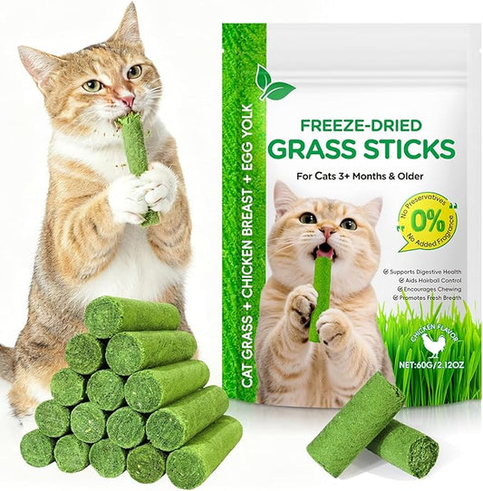 ISUNRISE 60g Cat Grass Sticks, Fresh & Delicious Freeze-Dried Cat Grass Treats Edible Cats Chew Toy Kitten Snacks for Hairball Removal and Teeth Cleaning