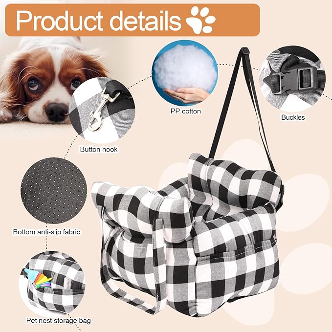 Medium Dog Car Seat Up to 28lbs - Pet Travel Bed Booster with Storage, Safety Tether, Anti-Slip Bottom for Cars(Black/White)