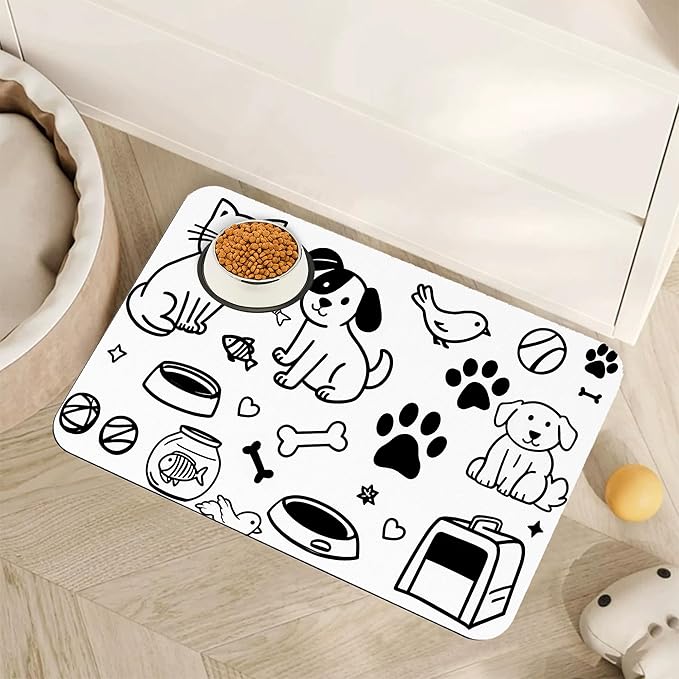 Cute Cat Bird Paw Print Dog Cat Food Mat,Absorbent Pet Feeding Mat with Rubber Backing,Non-Slip Water Bowl Placemat,Indoor Pet Accessories Supplies 16"x24"