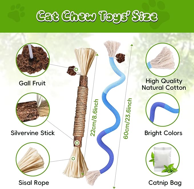 GBSYU Silvervine Sticks for Cats & Cat Chew Rope Toy with Refillable Natural Catnip Bag for Teeth Cleaning, Interactive Cat Catnip Toys for Indoor Cats, Kitten Teething Toys for All Breeds (8Pcs)