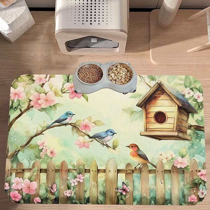 Birdhouse Garden Dog & Cat Food Mat for Floors Waterproof,Quick Dry Anti-Slip Bowl Mats for Food and Water,Pet Feeding Mats,Pet Placemat for Messy Drinkers to Protect Floors,Supplies 17.72×11.81in