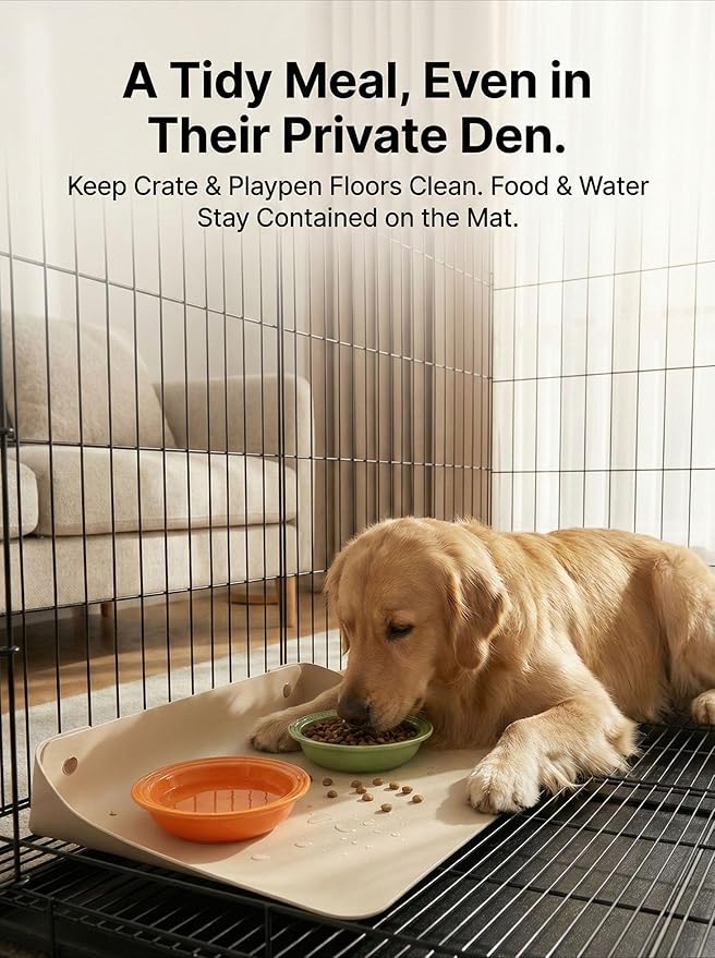 Pet Dog Food Mat w/Raised-Edge – Waterproof Faux Leather Cat Placemat for Bowls, Non-Slip & Washable Feeding Mat for Messy Eaters, Splash Guard for Floors (Cafe Latte,M)