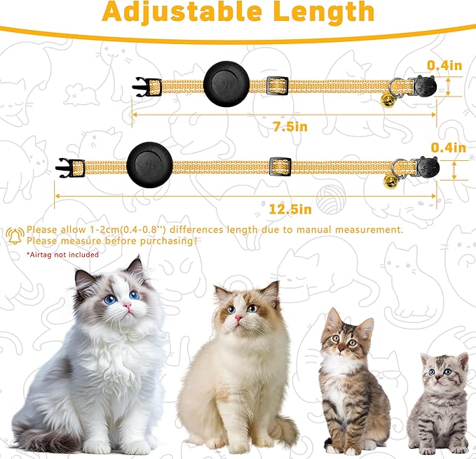 Airtag Cat Collar, Safety Breakaway Cat Collar with Apple Airtag Holder, Reflective Air Tag Kitten Collar with Bell, Adjustable Tracking Collar for Kittens for Boys Girls, Yellow