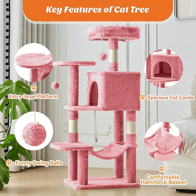 Sweetcrispy 44 inch Cat Tree Tower, Small Cat Climbing Tower with Condo, Natural Sisal Scratching Posts, Extended Platform, Hammock, Pet House for Indoor Cats and Kittens Play, Pink