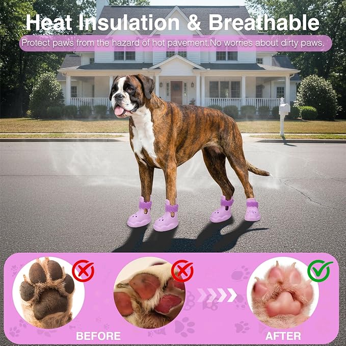 Dog Shoes for Hot Pavement and Snow – Waterproof, Non-Slip, Breathable Booties with Adjustable Straps for Small, Medium & Large Dogs (Purple, L)