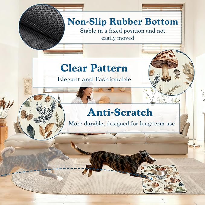 Vintage Mushroom Floral Dog Cat Food Mat–Christmas Stocking Absorbent Waterproof Placemat for Food and Water Bowls, Non Slip Rubber Backing, Feeding Mat for Clean Floors 16"x24"