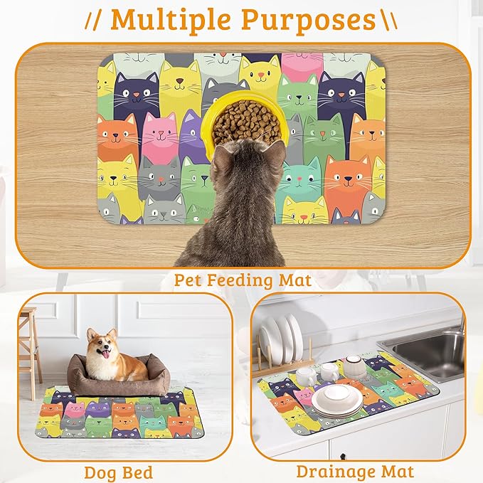Cute Colorful Cats Dog Food Mat,Absorbent Pet Feeding Mat for Food and Water Bowl,Quick Dry Dog Placemat Non Slip Rubber Backing Waterproof Pet Supplies 16" x 24"