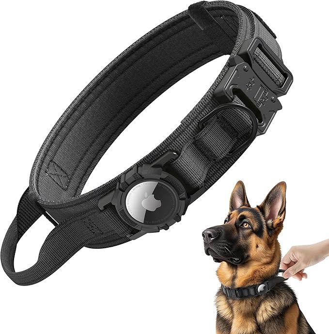 Upgraded Airtag Dog Collar Waterproof, Adjustable GPS Training Nylon Dog Collar with AirTag Holder, Control Handle and Quick-Release Buckle for Medium and Large Dogs (Black, M)