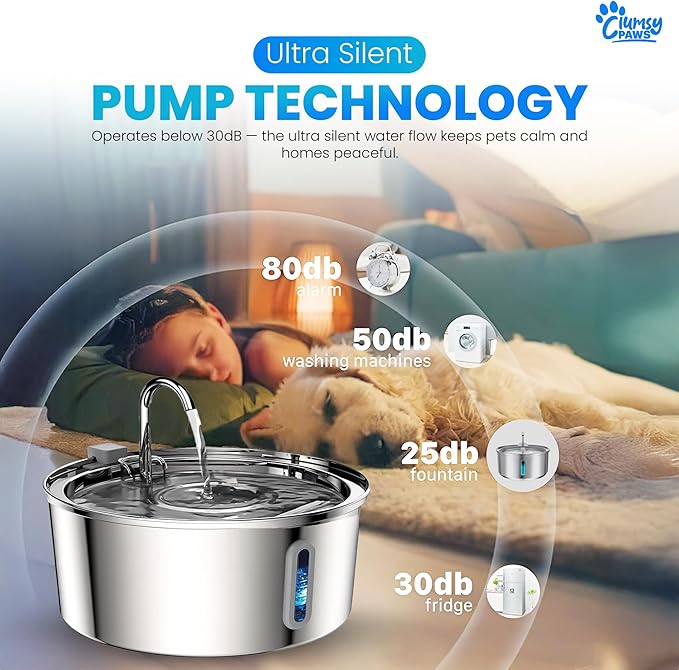Stainless Steel Dog Water Fountain, 8L Large Automatic Water Dispenser for Cats, Dogs & Other pet, Quiet Filtered Fountain with Dual Outlets, USB Power Base for Home Use