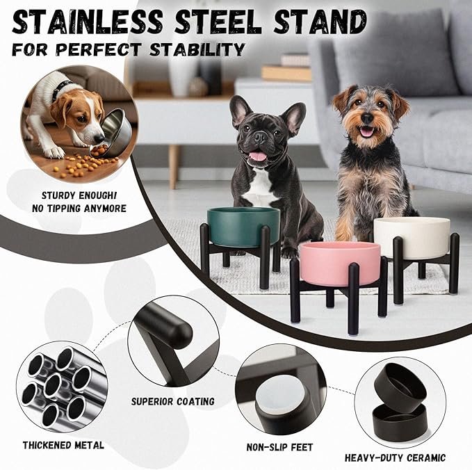Raised Ceramic Dog Bowl - Elevated Food Water Dish with Stainless Steel Stand - for Small to Medium Dogs - 6 Inch - 2 Cups (28.75 fl oz) - Grey
