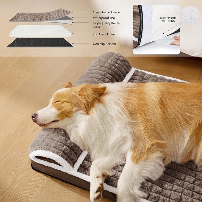 Orthopedic XL Dog Bed Large Sized Dog with Pillow 48''X30'', Waterproof Soft Comfortable Egg Crate Foam Pet Crate Beds Mat with Removable Washable Cover and Non-Slip Bottom, Taupe
