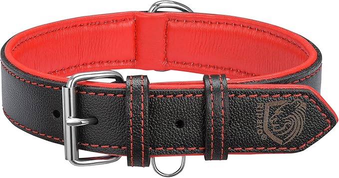 Riparo Adjustable Leather Dog Collar - Heavy Duty Wide Dog Collar for Small, Medium, Large and Extra Large Dogs with Dog Tag Holder (XL: 1.75" Wide for 21”-25” Neck, Black/Red Thread)