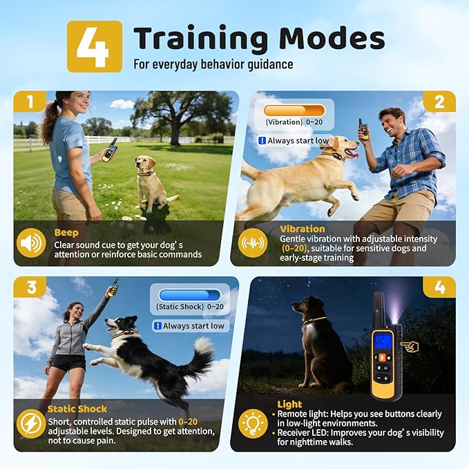 Waterproof Dog Shock Collar with Remote 3300 FT – 3 Modes Beep Vibrate Static, LED Light, 20-Level Adjustable, Rechargeable Training Collar for Small Medium Large Dogs 8-120 lbs