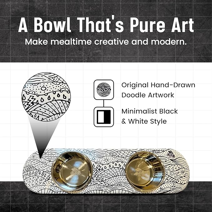 Funky Flies Doodlescape Cat Skatebowl - Elevated Cat Bowl, Elevated Water Bowl, Skateboard Food & Water Stand