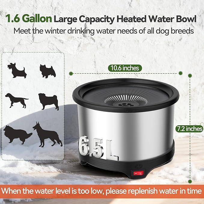Twinsing 6.5L Heated Water Bowl, Stainless Steel Outdoor Heated Dog Bowl with Anti-Chew Cord, Large Capacity Heated Pet Slow Drinking Dish Provide Warm Water in Winter for Dogs