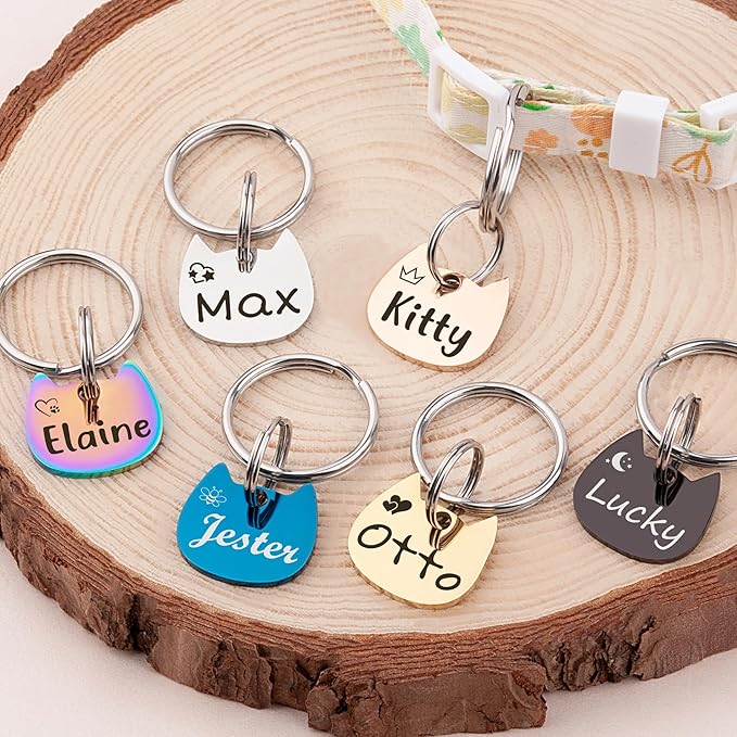 Anavia Small Size Dog Cat ID Tags, Small/XS Personalized Color Plated Stainless Steel Puppy Kitten Name Tags, Customized Engraved Nameplate Pet Collar Tag (Silver, Cat Head)