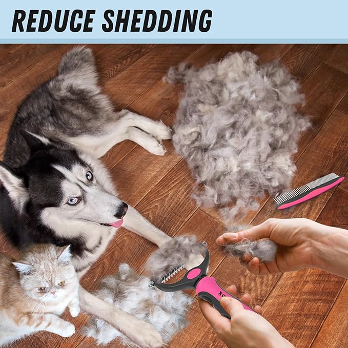 Pet Grooming Brush & Comb Combo, Cat & Dog Brush for Shedding & Dematting, Undercoat Rake for Long-haired Pets, Pink