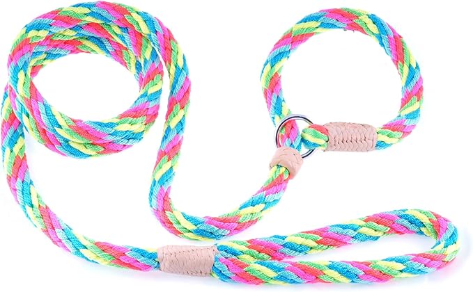 Alvalley Nylon Dog Training Leash with Stopper - Adjustable Nylon Rope Comes with Braided Leather at Ends - Tagua Bead Stopper Slip Lead - Suitable for Walking, and Training