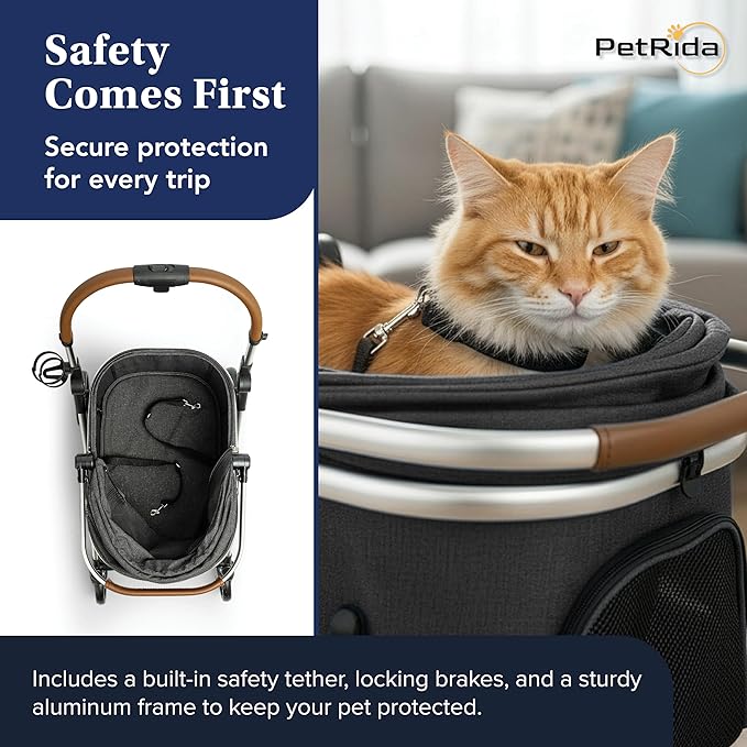 Luxury Pet Stroller with Detachable Carrier | Lightweight Design with Easy One-Hand Fold & Spacious Storage Basket | Safe & Comfortable Travel for a Small to Medium Dog or Cat, Gray