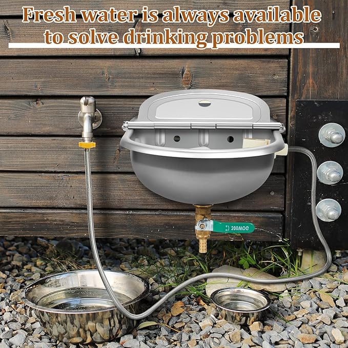 2 Set 1gal/4l Automatic Water Dispenser for Dogs Animal Drinking Bowl with Float Valve Stainless Steel Auto Waterer Outdoor Livestock Water Trough with Pipe Bolt for Horse Goat Chicken
