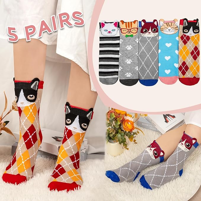 YSense Womens Cute Animal Socks 5 Pairs, Dog Cat Novelty Cartoon Crew Funny Socks Stocking Stuffers Gifts for Women Girl