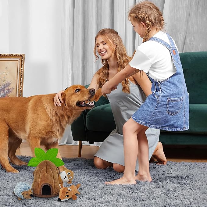 Qiiiiian 4 Packs Crinkle Squeaky Hide and Seek Puppy Toys to Keep Them Busy, Durable Cute Pet Toys for Small Medium Dogs, Interactive Plush Stuffed Chew Toy, Not for Aggressive Chewers - Coconut Tree