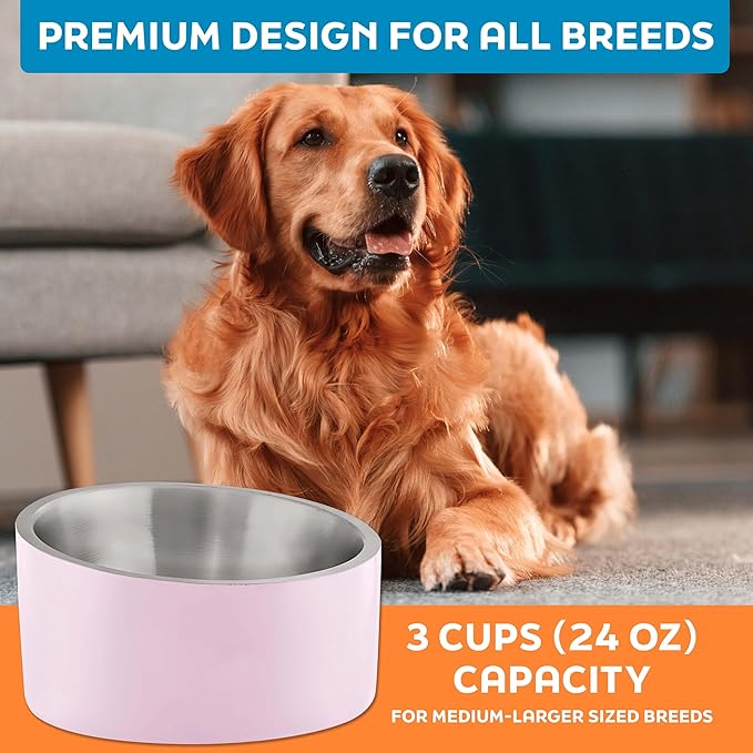 Master Pet Supply Stainless Steel Slanted Dog Cat Food Bowl - 24 oz Heavy Duty - Rose Quartz, Double Wall Insulated, Non-Slip Elevated Bowl for French Bulldogs Pugs Cats, Anti Rust Dishwasher Safe