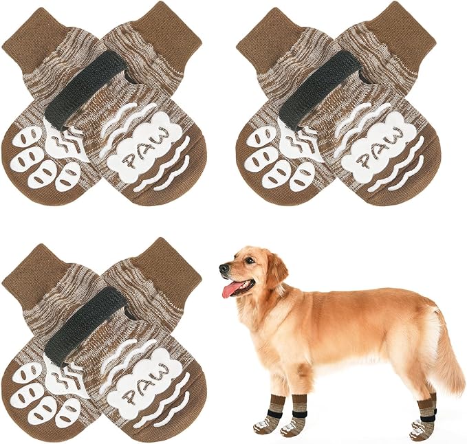 BEAUTYZOO Anti Slip Dog Socks for Small Medium Large Dogs with Grips Straps on Hardwood Floor Protection Wear, Traction Control 3 Pairs Double Side Paw Protector to Prevent Licking for Girl or Boy