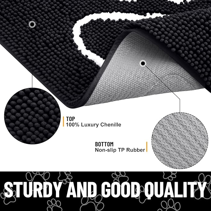 Smiry Dog Door Mat for Muddy Paws, Absorbent Dirt Trapper Non Slip Quick Dry Washable Chenille Mat for Mud Dogs, Entry Rug for Indoor and Outdoor (40x32 Inches, Black and White)