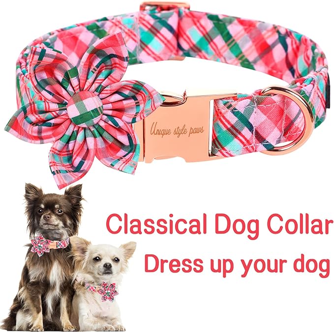 Unique style paws Cotton Dog Collar with Bow Winter Christmas Puppy Collar with White & Red Grid for Small Medium Large Boys Girls Dogs