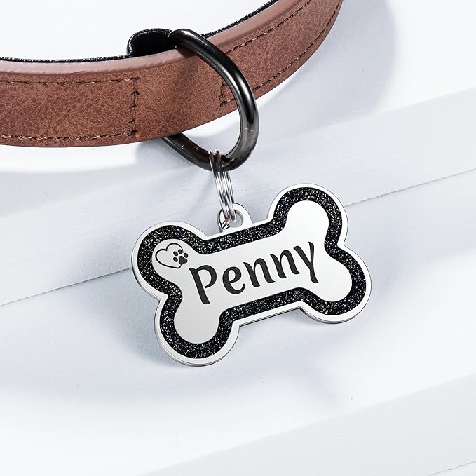 YEHANTI Dog Tags Personalized for Pets - Durable Stainless Steel Pet ID Tags with Lovely Icons, Glitter Bone Custom Dog Tags for Large Small Dogs Cats, Dog Name Tags Engraved On Both Sides（L,Rose Red）