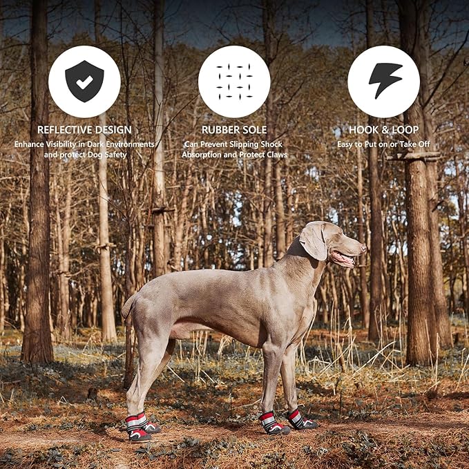 Dog Shoes Small Medium Large Size Dogs, Puppy Booties Paw Protector for Hot Pavement, Non-Slip Waterproof Rubber Reflective Strapped Boots (Red, Size 5#: (2.8 * 2.4) (L*W) for 40-55lbs)