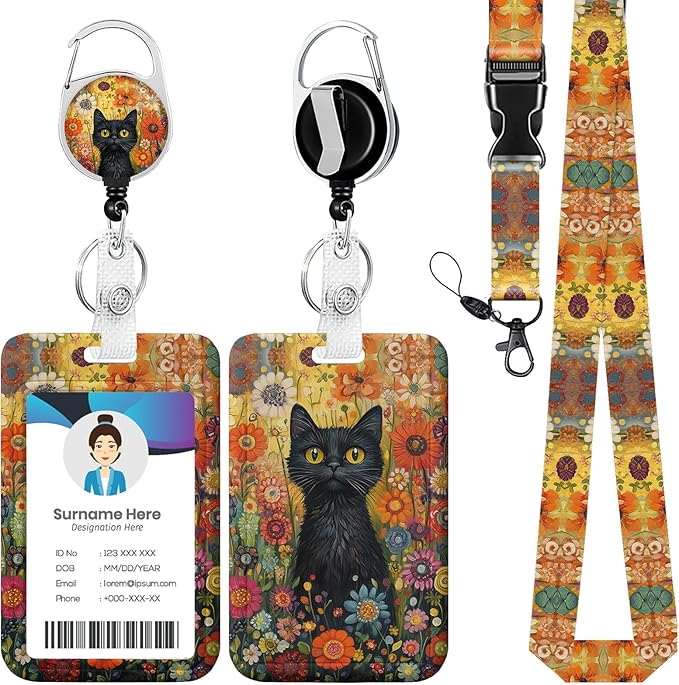 Black Cat Floral ID Badge Holder with Lanyard, Flower Garden Retractable Lanyards for ID Badges Name Tag Clips, Funny Nurse Teacher Office Student Gift