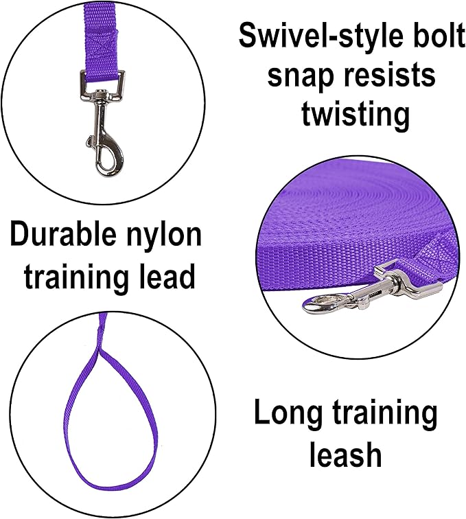 Hi Kiss Dog/Puppy Obedience Recall Training Agility Lead - 15ft 20ft 30ft 50ft 100ft Training Leash - Great for Training, Play, Camping, or Backyard Purple 20 Feet