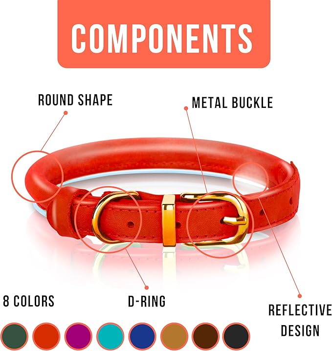 OOPSDOGGY Reflective Rolled Leather Dog Collar Adjustable Soft Padded Pet Collar for Small Medium Large Breed Dogs (Red, L, 14"-18")