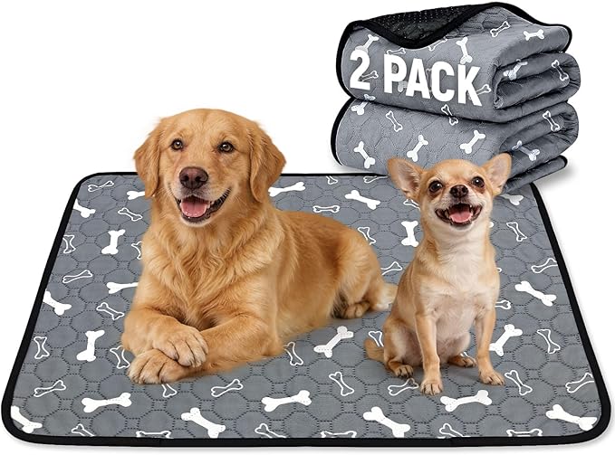 2 Pack Washable Pee Pads for Dogs, Absorbent Reusable Puppy Training Pads, Leakproof, Non-Slip, Waterproof Cat Doggie Pad Pet Potty Mat for Indoor&Outdoor, Whelping, Crate, Gray 28"x40"