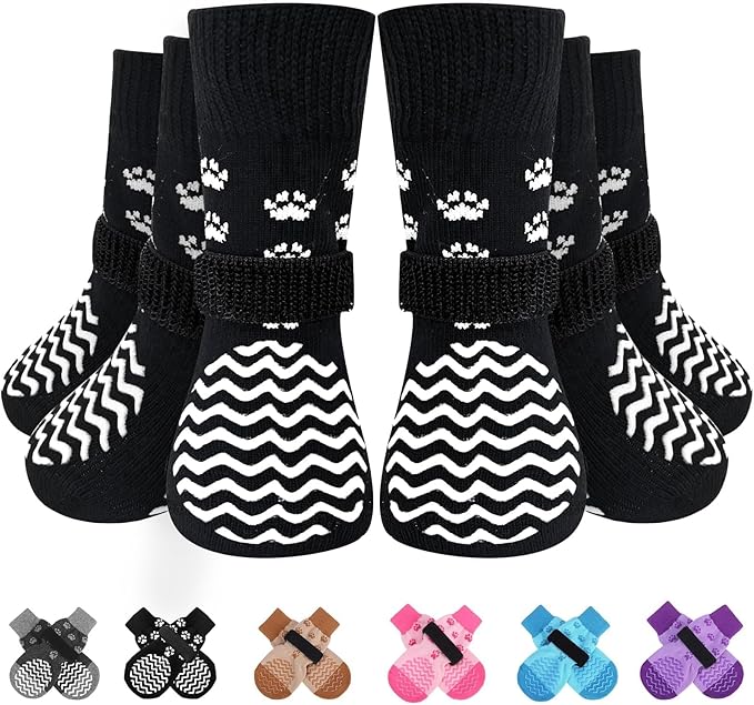 EXPAWLORER 6Pcs Anti Slip Dog Socks to Prevent Licking Paws, Dog Shoes for Winter, Double Sides Dog Boots & Paw Protectors Booties for Hardwood Floors with Grippers Small Medium Large Senior Dog, XS