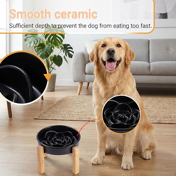 Ceramic Slow Feeder/Dog Bowl for Medium Large Dogs,Elevated/Raised Slow Feeding Dog Food Water Dish Heavy Weighted,Puzzle Eating Bowl Modern Maze Maze (Black, 8.66in)
