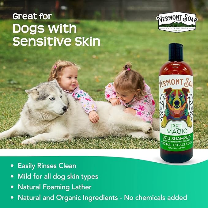 Vermont SOAP Organics Pet Shampoo - Infused with Organic & Natural Olive Oil, Coconut & Aloe Vera Dog Shampoo for Sensitive Skin - USDA Certified Grooming Pet Shampoo - Original Citrus (16oz)