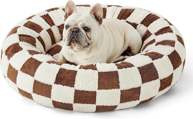 LE SURE Shown on TV Donut Medium Dog Bed - Round Sofa Indoor Anti-Anxiety Calming Christmas Bed Gift for Pets, Washable Cute Modern Beds with Jacquard Shaggy Plush & Anti Slip Bottom, 30 Inch, Brwon