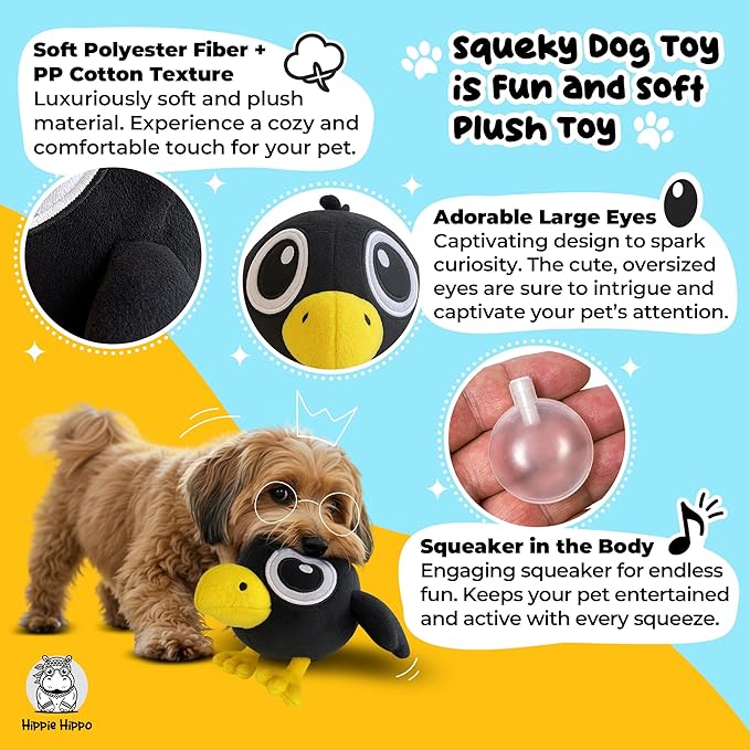 HIPPIE HIPPO Squeaky Dog Toy for Small & Medium Dogs – Cute Black Crow Plush Dog Toy – Soft Stuffed Animal Puppy Toy with Squeaker for Interactive Play, Safe Durable Plush Toy to Keep Pets Busy – 6.5"