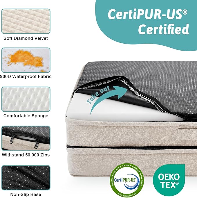 Orthopedic Dog Bed for Small Medium Size Dogs, Bolster Pet Couch with Waterproof Lining, Egg Crate Foam Sofa for Pets Up to 30 lbs, U-Shaped, 30x20x6.5 inch, Beige