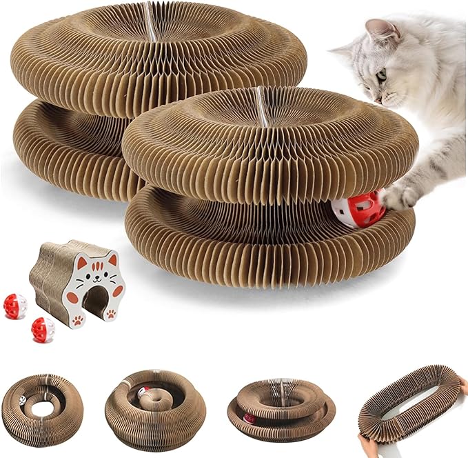 2Pcs Magic Organ Cat Scratcher, Foldable Accordion Cat Scratching Board with Toy Ball, Compact Cat Scratch Pad Kitty Kurlz Cat Toys for Indoor Cats, Stress Relief & Furniture Protection