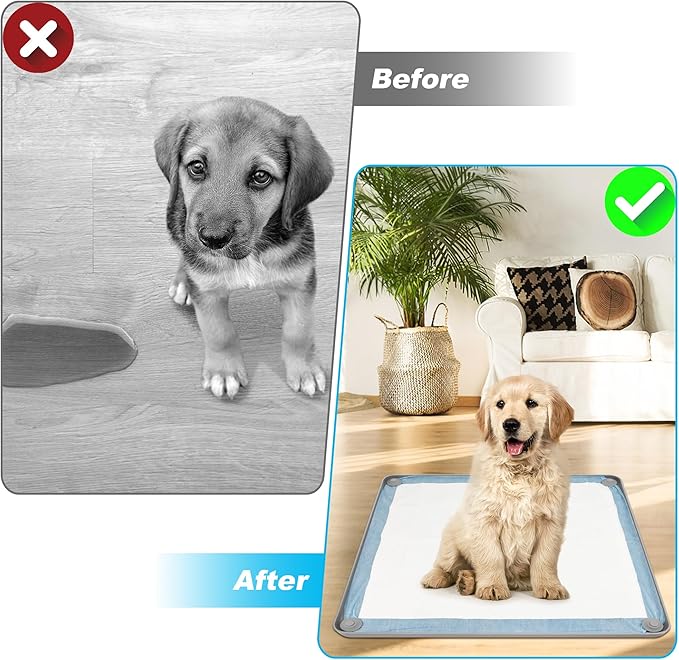 Silicone Dog Pee Pad Holder 24 x 24, No-Spill Raised Edge Potty Tray for Puppies, Puppy Pee pad Holder, Leak-Proof Non-Slip Training Pad Holder with High Sides, Easy-Clean Waterproof Mat with 2 Hooks