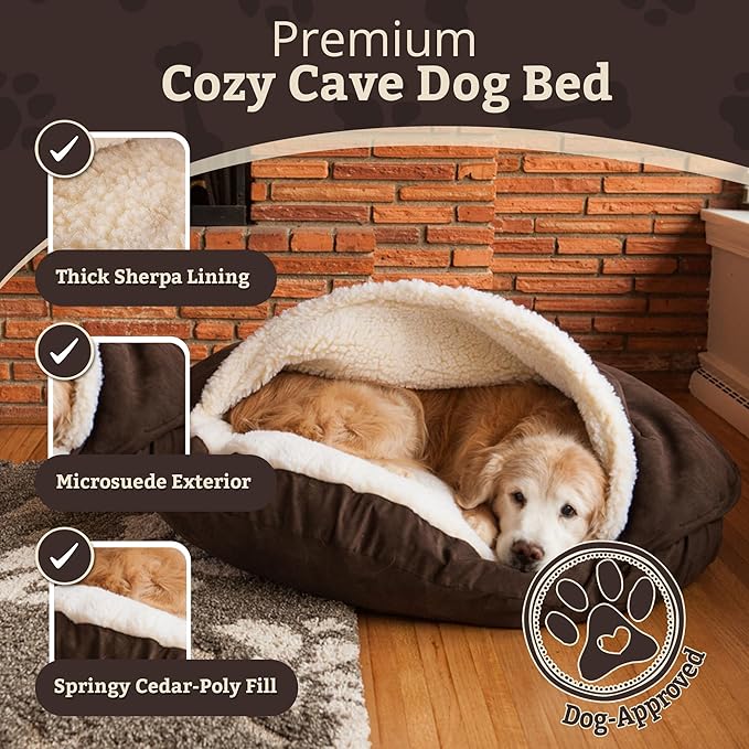 Snoozer Cozy Cave Dog Bed - Indoor Dog Bed with Cover Cave, Covered Calming Burrow for Small & Medium Sized Pets with Blanket Attached, Enclosed, Removable Washable Cover - Large, Hot Fudge