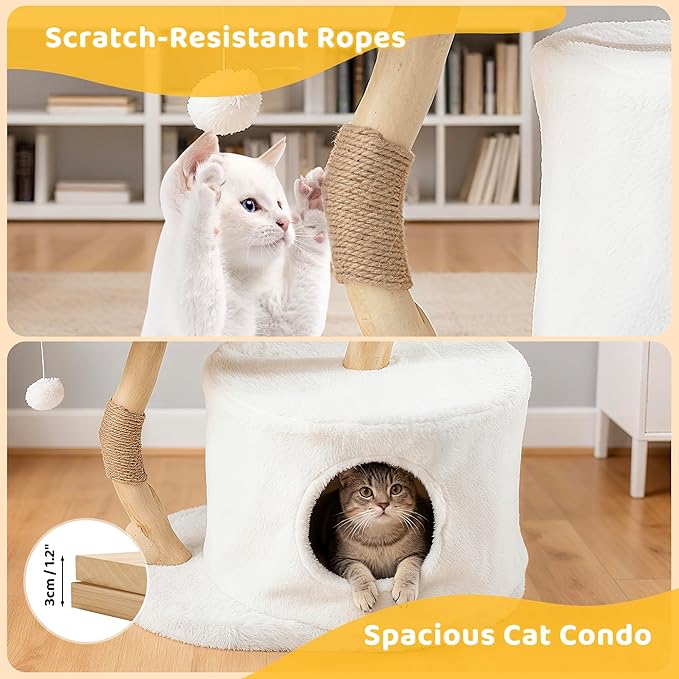 COSIEST 42.5" Tall Modern Cat Tree Tower for Indoor Cats, Cat Scratching Posts with Hand Woven Baskets, Balls & MGO Trunks, Rattan Cat Tree with Condo, Cat Furniture for Multi-Cat Households, White