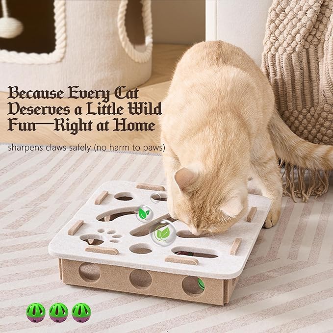 Interactive Cat Puzzle Feeder Toy - Felt Maze Box with 3 Jingle Balls for Indoor Cats, Kittens to Adults - Mental Stimulation, Slow Feeding & Fun Exercise Encourages Natural Hunting Instincts
