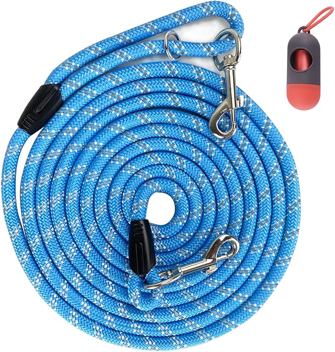 CodepetsLong Rope Dog Leash for Dog Training 12FT 20FT 30FT 50FT, Reflective Threads Dog Cat Leashes Tie-Out Check Cord Recall Training Agility Lead for Large Medium Small Dogs (Blue, 10mm*12ft)